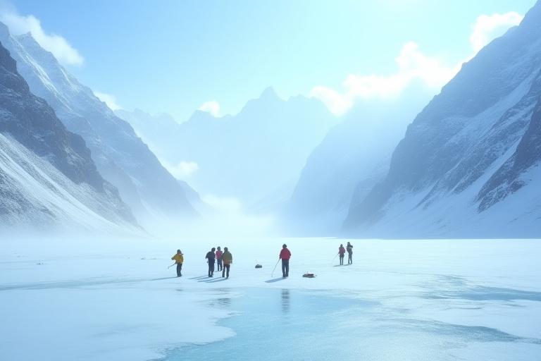 Adventurers ice fishing on Zanskar River
